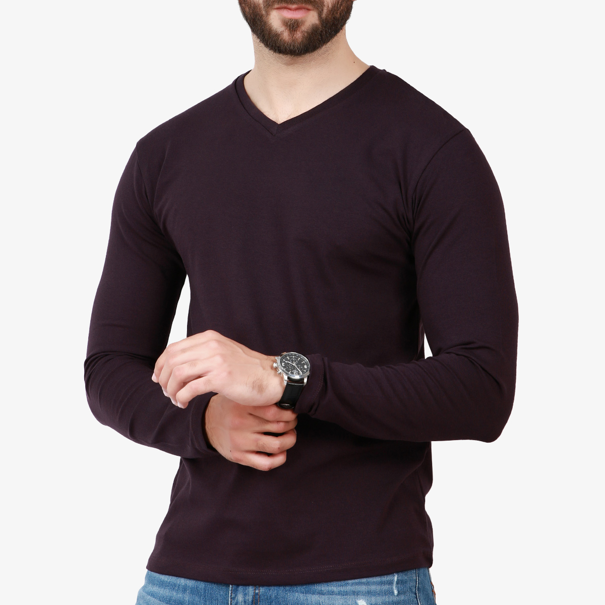 Crew-Neck-Full-SleevesL.jpg V-Neck Full Sleeves T-shirt - Image 1